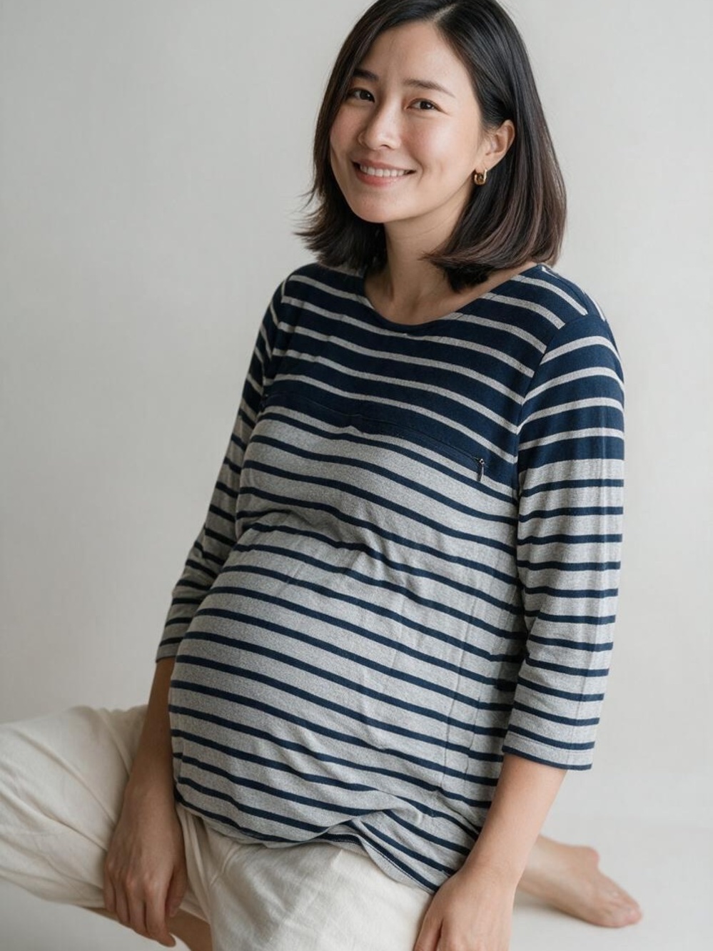 Jessica Simpson Maternity Nursing Top Small Navy Gray Striped Zip Access